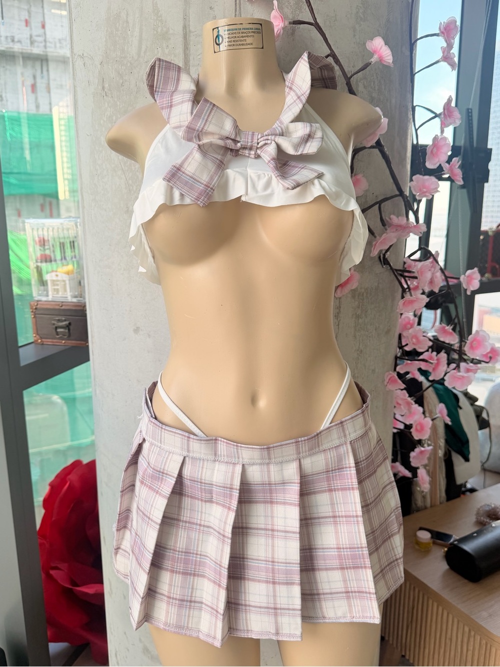 NWOT Sexy Schoolgirl Underboob Bra Thong Pleated Skirt Set Set Small
